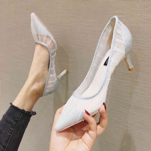 

shoes high heeled wedding dress dress shoes women's thin summer silver sequin light mouth single gauze pointed high ao74, Black