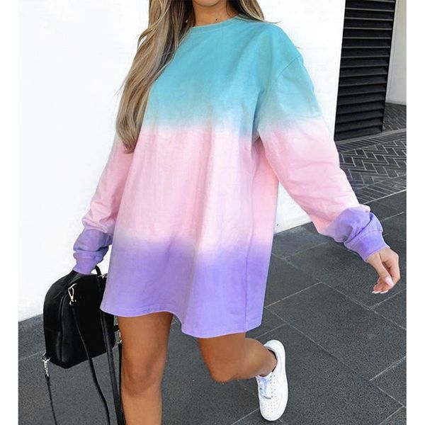 

tie dye print plus size t shirt dresses women round neck long sleeve mini causal dress autumn 2021 loose short vestido casual, Black;gray