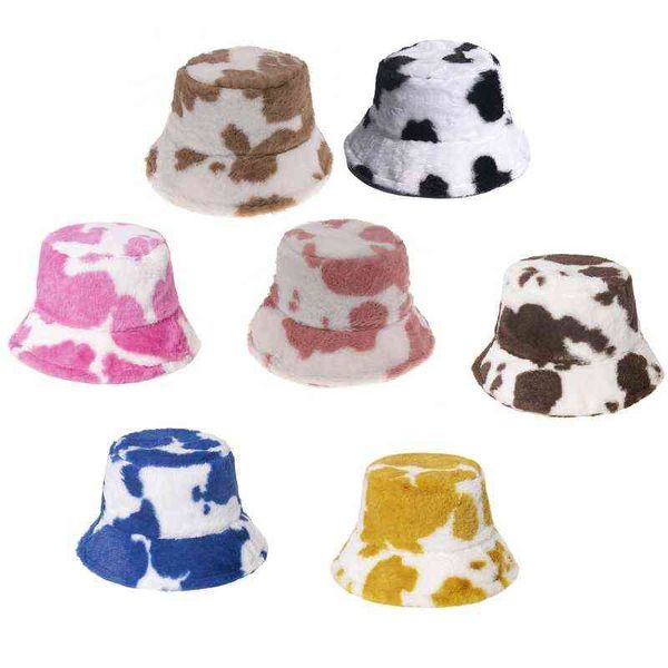 

women winter warm fluffy plush bucket hat milk cow print panama fisherman cap g220311, Blue;gray