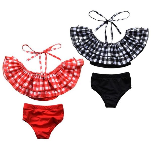 

summer infant girls swimwear plaid print briefs swimsuit bikini set with headband one-pieces, Black