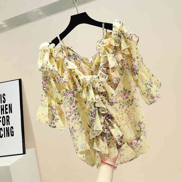 

suits sweet floral women short sleeve shirts summer trumpet sleeves ruffled strap chiffon shirt ladies blouse, White;black