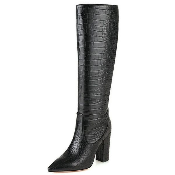 

boots knee high vintage poined toe chunky heels winter party shoes women black yellow white red plus size 41 42 43
