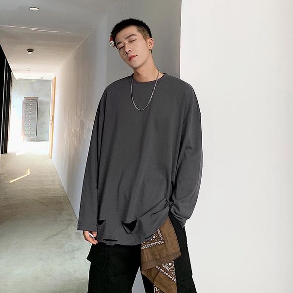 

men's t-shirts autumn 2021 streetwear hip-hop round neck pullover long-sleeved t-shirt male korean version loose hole simple casual, White;black
