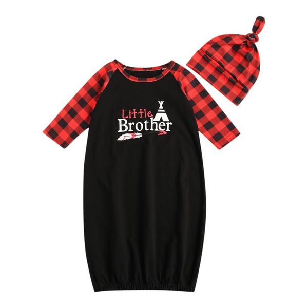 

0-6m born baby boy sleeping bag brother lettre print plaid long sleeve spring sleepwear+hat 2pcs cotton clothes jumpsuits, Blue