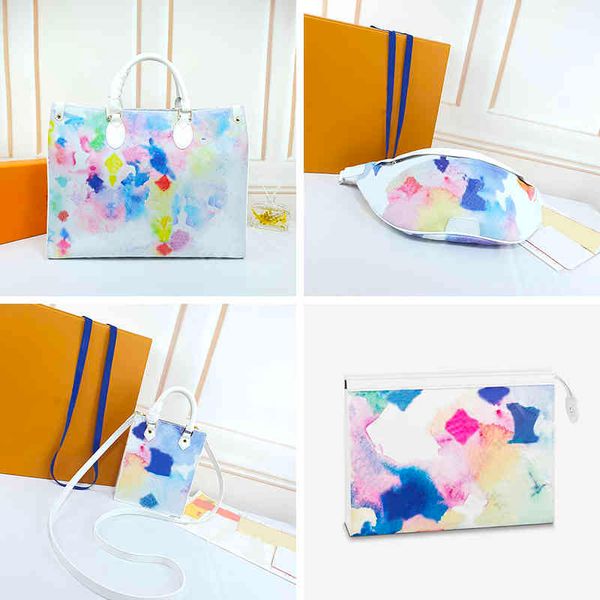 

m80460 luxurys designers onthego totes watercolor color series graffiti leather handbags clutch wallets woman shoulder travel