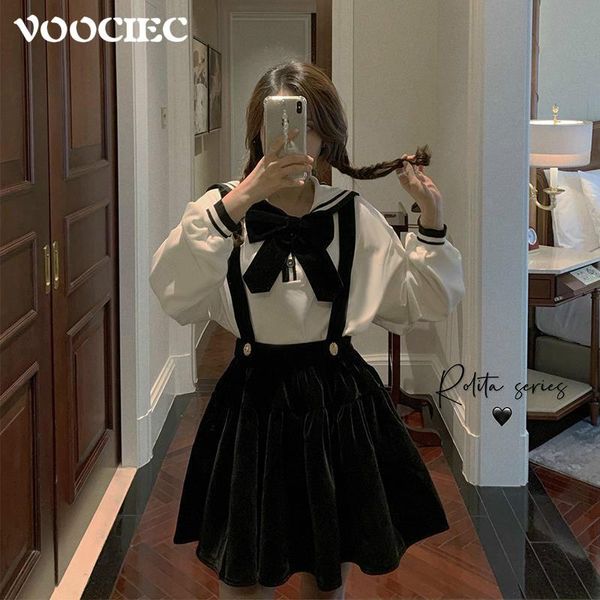 

women's tracksuits spring/autumn woman fashion student dress suit sweet college style velvet strap long sleeve bowknot women set, Gray