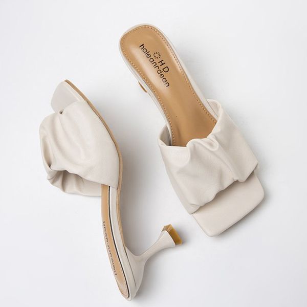 

slippers women pleated summer light open toe solid color sandals stiletto heels luxury prom woman black shoes qpfd