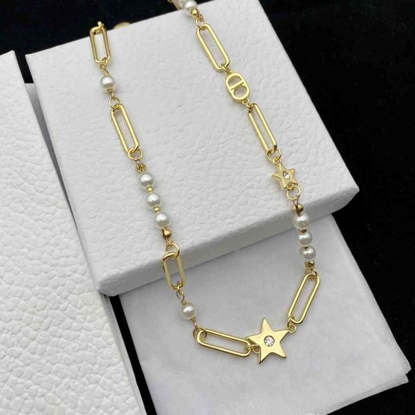 

dio/christian clover pentagonal star necklace female clavicle chain pearl pin design high version, Red;brown