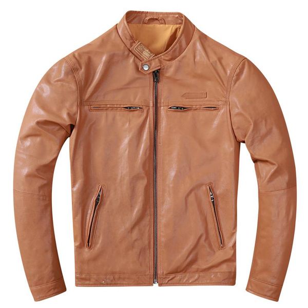 

goatskin leather jacket men stand collar slim fit genuine coat male spring thin motorcycle real men's & faux, Black