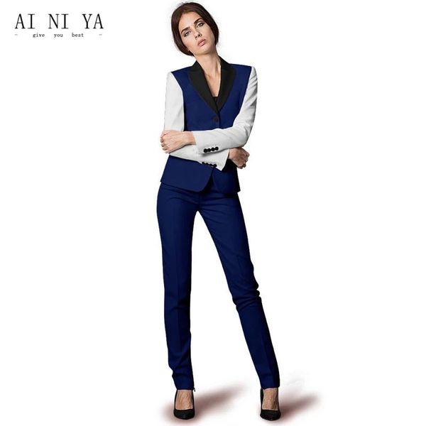 

women's two piece pants suits fashion white navy splicing business pant uniform formal jacket woman blazers set 2 pieces