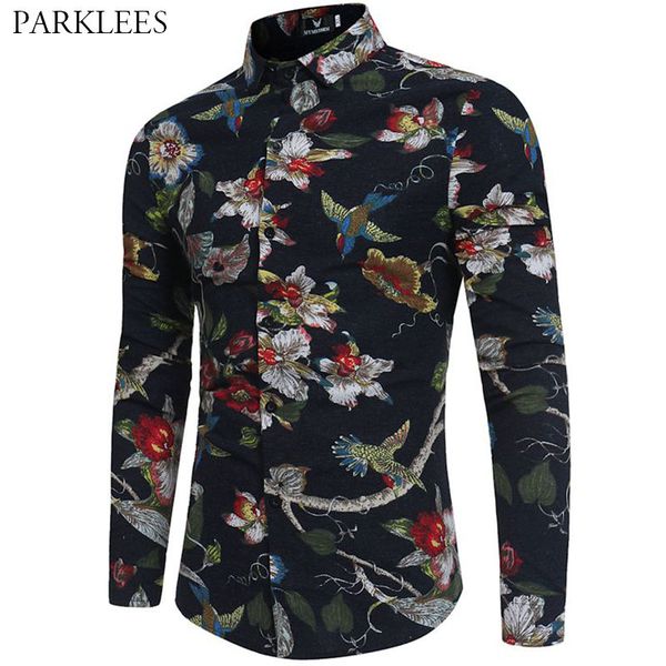 

floral bird printed mens dress shirt fashion casual slim fit shirts for men daily social men long sleeve shirt streetwear 210524, White;black