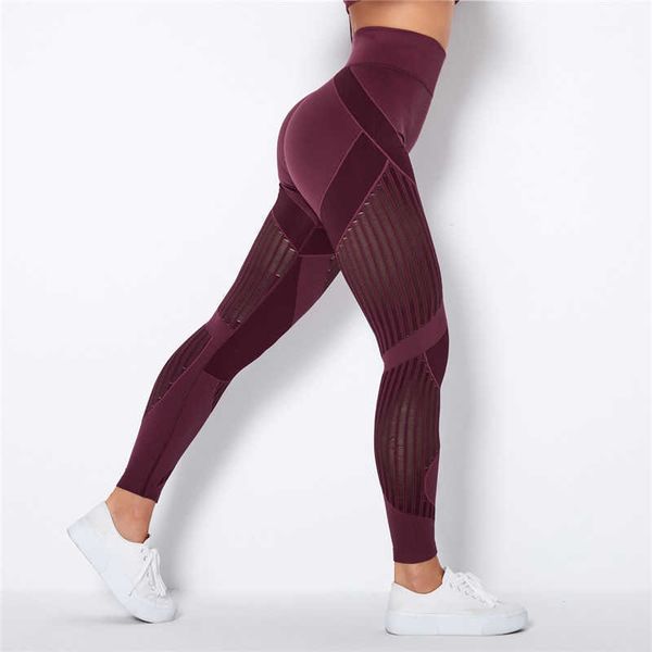 Rooftrellen 20% Spandex Leggings a rete cava Leggings lavorati a maglia senza cuciture Pantaloni a vita alta a righe Slim Push Up Fitness Leggins 210929