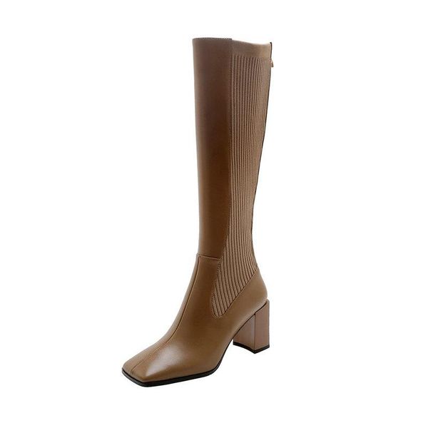 

boots concise fashion square toe female knee high genuine leather thick heels pumps winter party casual shoes woman, Black