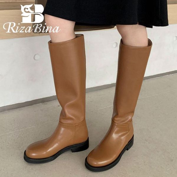 

boots rizabina knee high women real leather shoes casual slip on solid color thick bottom ins fashion 2022 footwear size 33-40, Black