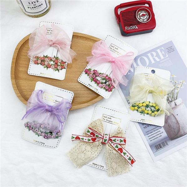 

pcs/set organza floral hair clips for girls boutique lace ribbon bow barrettes hairpin wedding princess women accessories, Slivery;white