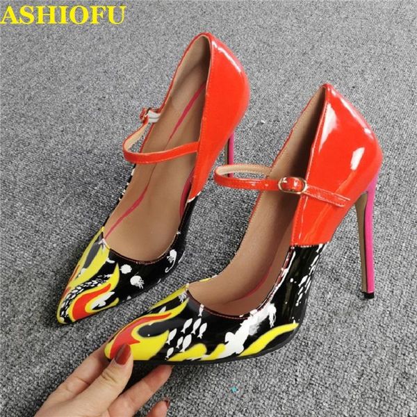 

dress shoes ashiofu real picture women high heel pumps patchwork printing leather party pointy evening fashion, Black