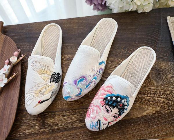 

slippers 2021 beauty embroidered women cotton fabric mules comfortable canvas slides ladies home outside pointy shoes, Black