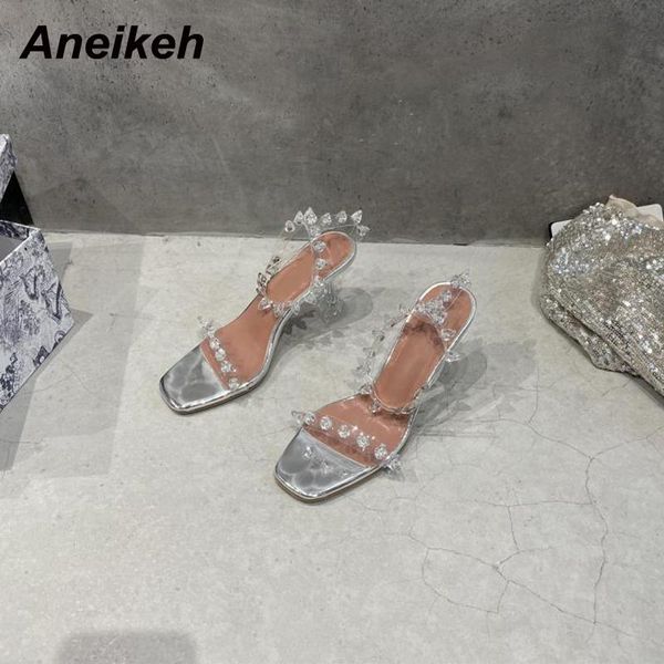 

aneikeh shoes for women 2021 pvc sandalias mujer spike heel open rivet party bling shallow buckle strap fashion sweet solid dress, Black