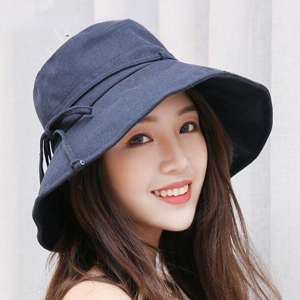

wide brim hats 2021 style cotton beach bow for women caps female lady bucket hat summer woman anti-uv panama sun cap viseira, Blue;gray