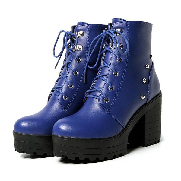 

boots blue black fashion platform women thick high heels ankle lace up autumn winter woman shoes white