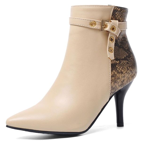 

boots fanyuan 2021 snakeskin buckle metal decoration stilettos pu pointed toe zipper autumn winter women ankle size 30-46, Black
