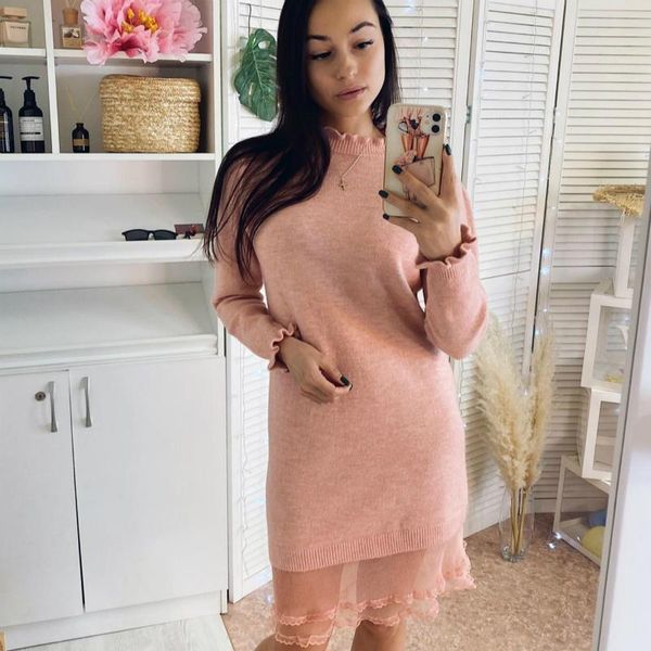 

casual dresses autumn winter women warm knitted sweater voile ruffles hem ladies thick knee-length straight middle dress 2021, Black;gray