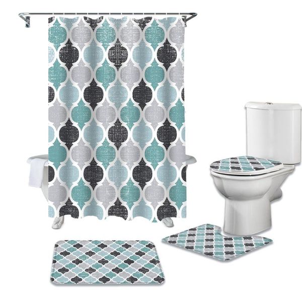 

geometric cyan vintage moroccan bathroom set durable fabric waterproof shower curtain rug carpet toilet lid cover bath mat curtains