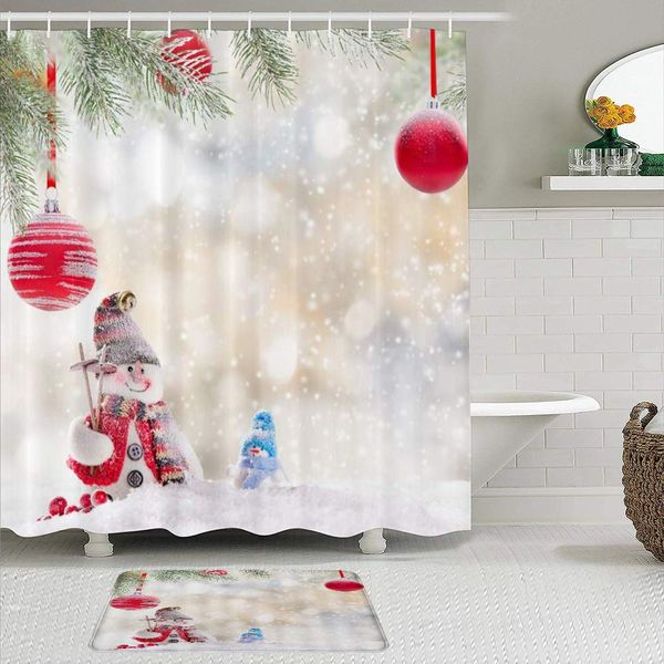 

fabric shower curtain and mats set,christmas snowman xmas tree with balls fantasy snowflakes new year,waterproof bath curtains