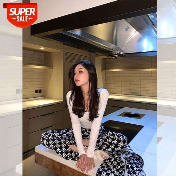

black and white contrast color waist straight-leg pants lazy casual trousers knitted split wide-leg on behalf of hair #ui6j, Black;white