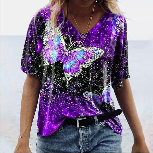 

women's blouses & shirts women loose summer blouse casual short sleeve v-neck butterfly print tee shirt femme plus size lady, White