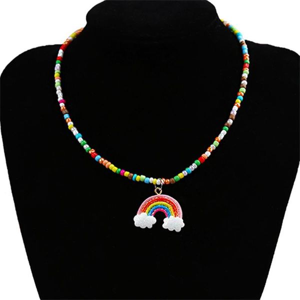 

chokers colorful beads rainbow pendant necklace women choker boho jewelry beaded chain collares para mujer short friends, Golden;silver