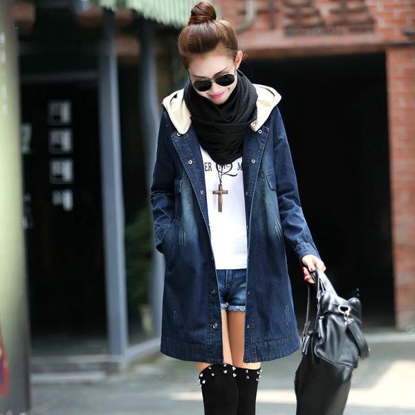 

women's jackets 2021 autumn frayed blue hooded plus size jeans coats warm winter korean denim jacket women slim long base coat, Black;brown