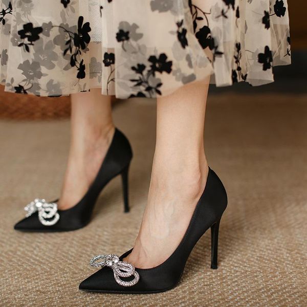 

sandals 2021 spring and summer pointed toe satin stiletto rhinestone bow high heels women versatile single-layer shoes, Black