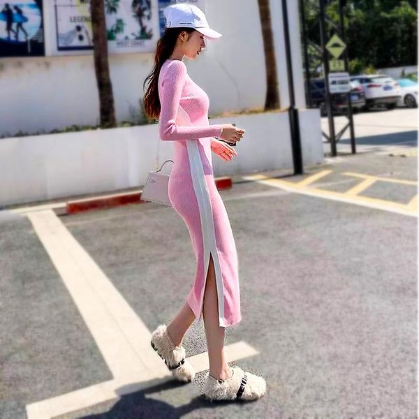 

casual dresses long sleeve knitted dress women autumn for 2021 female clothing ladies knitting tight women's sl333, Black;gray