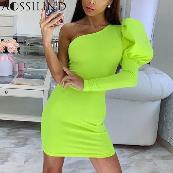 

casual dresses aossilind neon yellow one shoulder backless bodycon dress women 2021 autumn long sleeve skinny party club mini, Black;gray