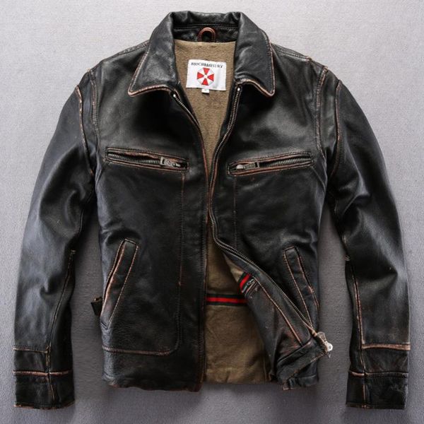 

men's leather & faux 2022 slim fit turn-down collar vintage cowhide genuine jacket punk motorcycle men casual real coat, Black