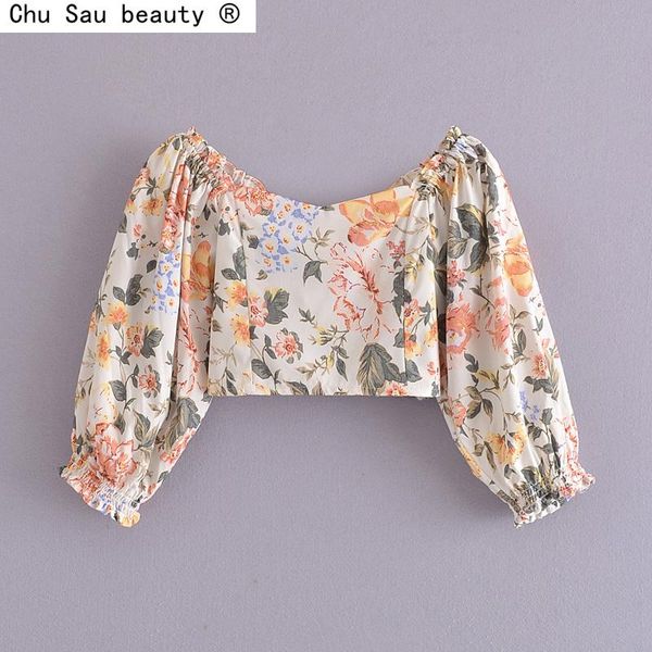 

women's blouses & shirts 2021 summer pullover square collar slim women elastic waist puff sleeve crop shirt + printed shorts suit fashi, White