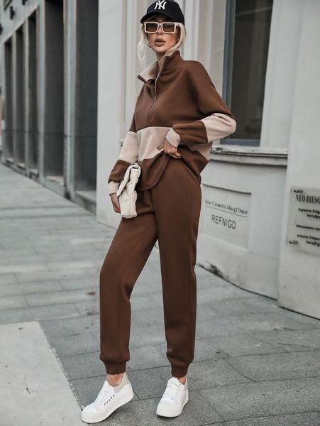 

colorblock half zipper drop shoulder sweatshirt with sweatpants a8jo#, White