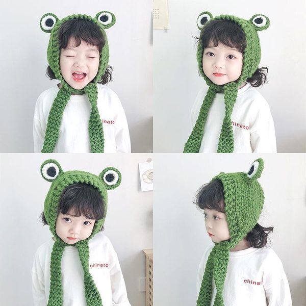 

caps & hats children knitting wool hair band manual autumn winter cover frog cartoon head girls baby tide, Yellow
