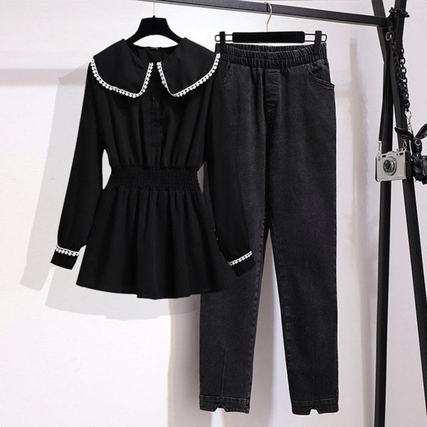 

women's two piece pants 150kg plus size autumn doll collar long-sleeved shirt stretch jeans bust 157cm 6xl 7xl 8xl 9xl 10xl loose suit, White