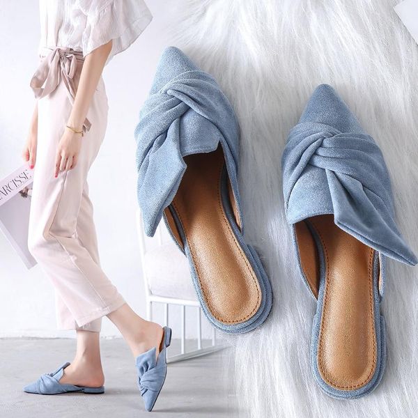 

slippers women elegant flock bow-knot female mules fashion low heel pointed toe ladies office shoes flat woman shoe slipper, Black