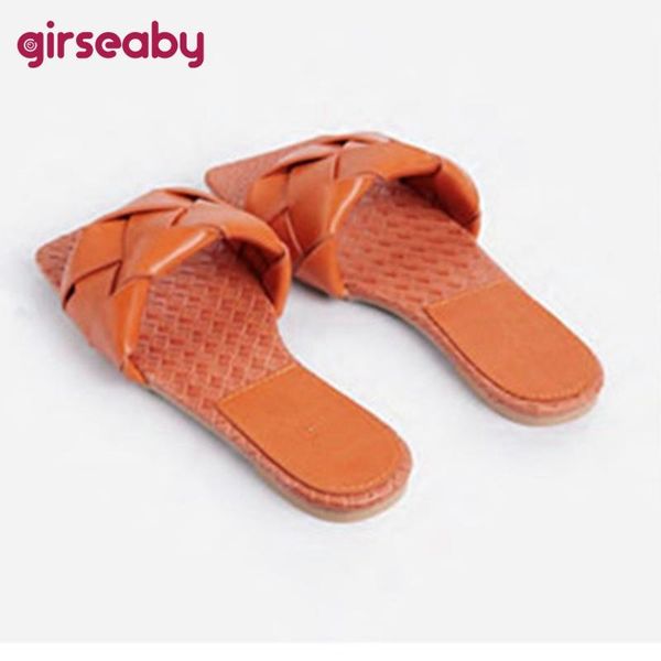 

girseaby 2021 women slipper square toe flat braid lether colorful ins casual big size 42 mules party beach summer f1086 slippers, Black