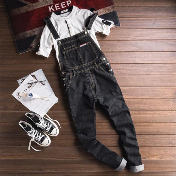 

men's jeans2021 work denim pants slim-fit black suspender jeans, Blue