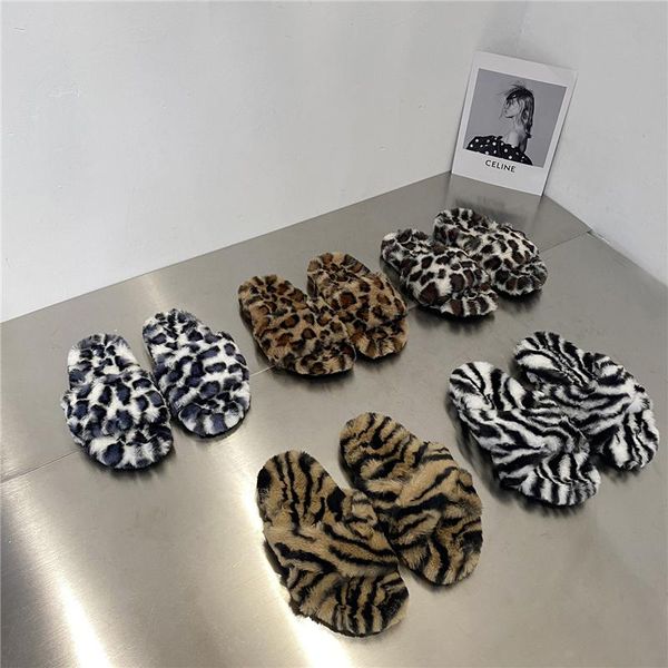 

slippers boussac mixed colors zebra leopard pattern platform wedges furry women 2021 faux fur open toe fluffy slides shoes, Black