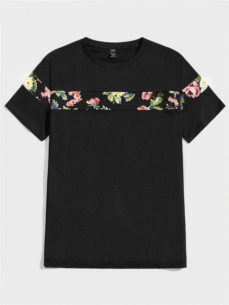 

men floral print panel tee k3lp#, White;black