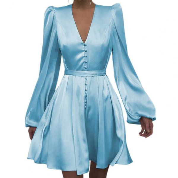 

casual dresses sandwood deep v-neck bubble sleeves dress elegant elastic waist woman pure color summer short 2021, Black;gray