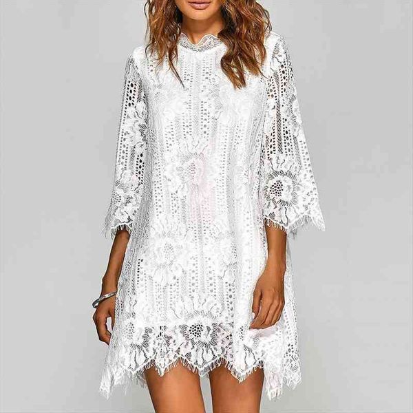 

plus size 3 4 sleeve women dresses loose irregular hem plain openwork lace mini dress, Black;gray
