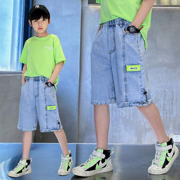 

boy summer jeans straight loose children short kids baby stretch denim pants letter print trousers, Blue