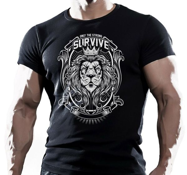 

only strong lion training mens bodybuilding t-shirt mma workout clothing top, White;black