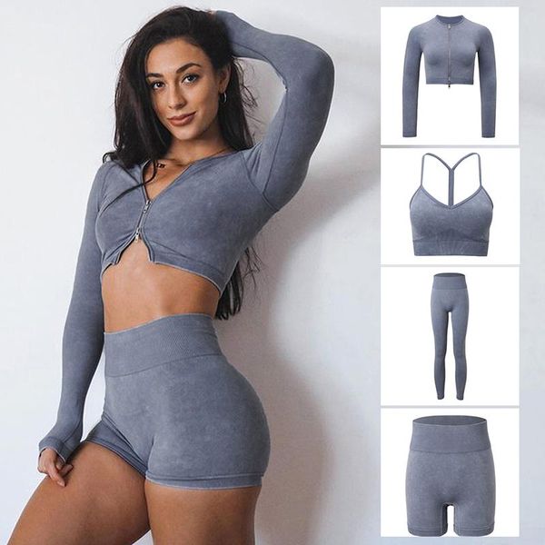 

yoga outfit women seamless workout set high waist elastic fitness sportswear solid running leggings suits zipper slim clothing